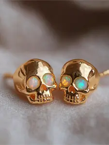 Punk Gothic Skull Synthetic Opal Stud Earrings for Women Men | Rose Golden Silvery, Vintage Style, Copper Post, Party and Daily Jewelry, Suitable for All Seasons, Versatile Earrings