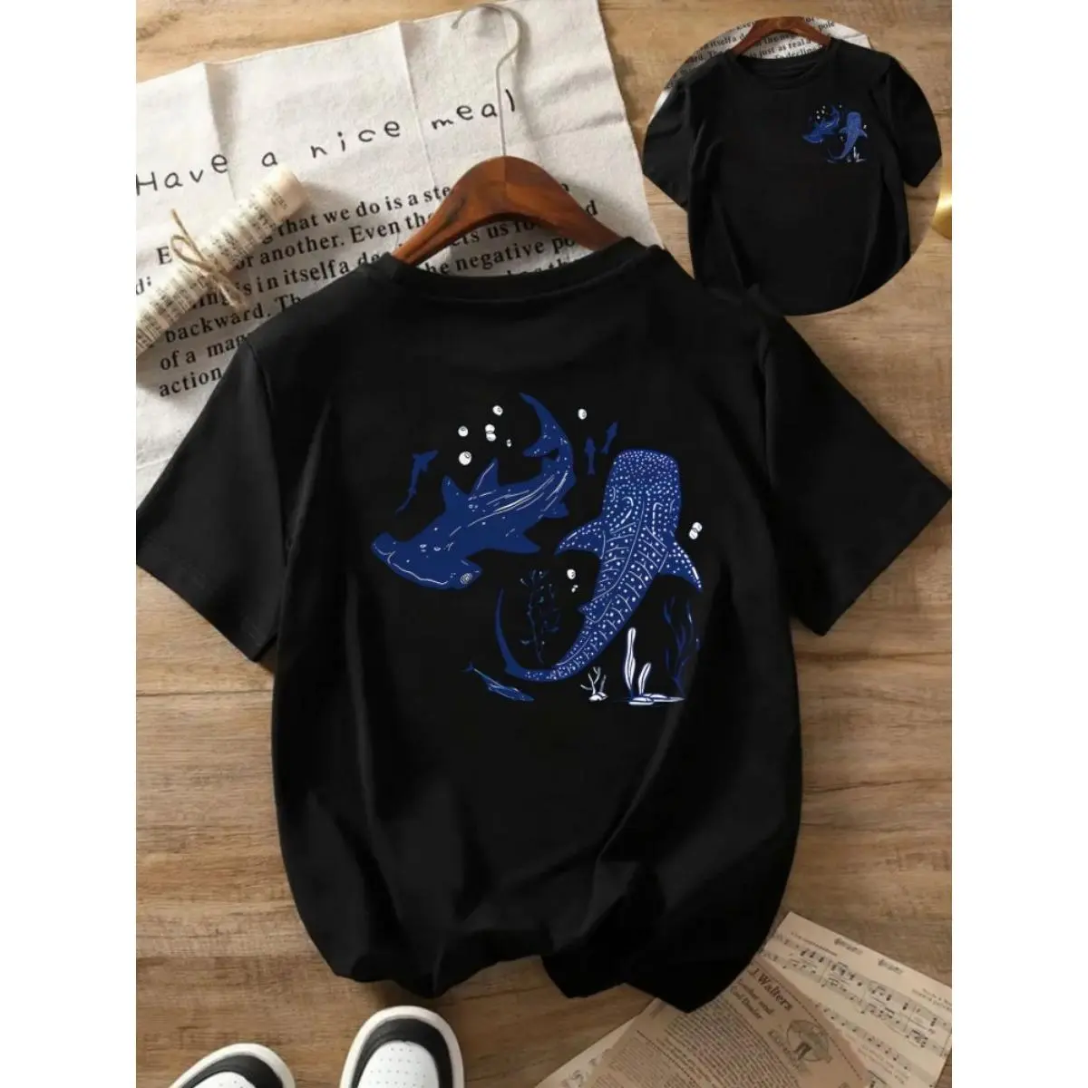 Blue Ocean Shark And Whale Graphic Tee Women Vintage Black Oversized Crewneck Short Sleeve Soft Cotton Summer Streetwear Casual Cute Gift