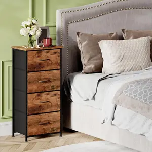 Rust Brown 4-Drawer Storage Organizer Dresser with Wooden Top & Metal Frame, Tall Fabric Closet Chest for Bedroom, Nursery, Living Room - Easy Assembly, Stylish Furniture