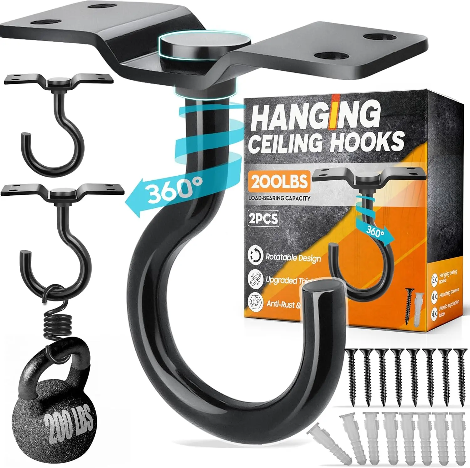 [UPGRADED] 2 count 200LBS Rotatable Ceiling Hooks with 4 Screw Points Base, Wall Mount Metal Hanger Black Ceiling Hook for Hanging , Bird Feeder, Lights, Bed Canopy, Wind Chime, Indoor Outdoor Decor