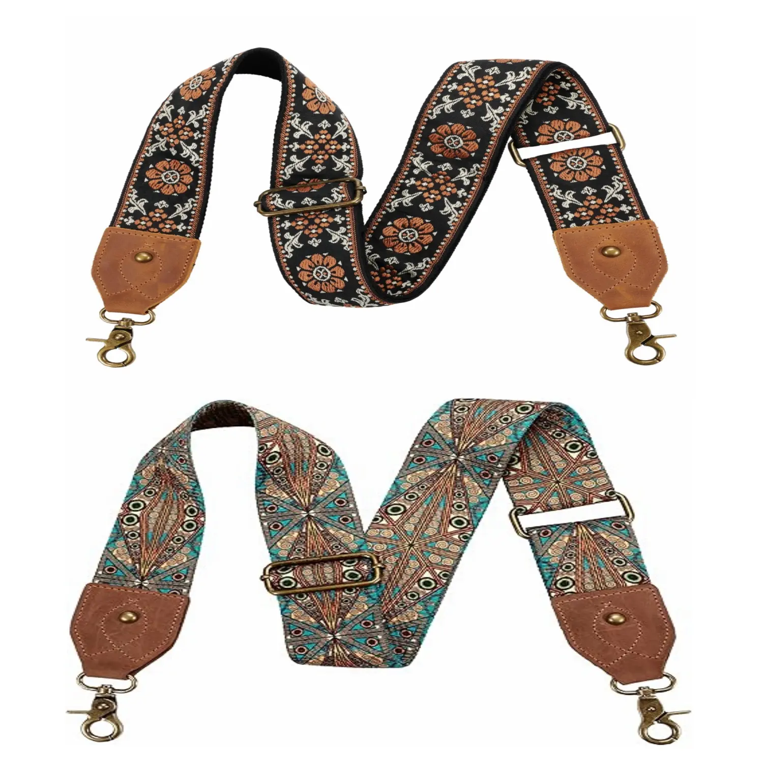 Purse Strap, 2" Crazy Horse Leather End Shoulder Strap Adjustable Replacement,Retro Jacquard Embroidery Multi-pattern Crossbody Bag Straps for Handbag,Crossbody Bags(Brown flower)