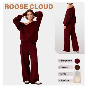 Women's Leisure Solid Color Sloping Shoulder Long Sleeve Top & Wide Leg Trousers Co-ord Set & Separates, Cozy Scoop Neck Loose Outfits, Soft Womenswear