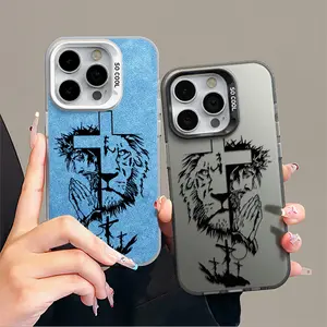 Jesus Cross Fur Phone Case for iPhone 17 Air 16 15 14 13 12 11 Pro Max Plus X XS Max TPU Leather Anti Drop Shockproof Anti Slip Full Screen Protection with Gradient IMD & GOD Pattern Protective Cellphone Smartphone Protector Casing
