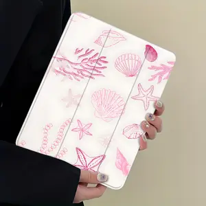 Pink seaside seashell starfish pattern with minimalist aesthetics, equipped with adjustable stand and pen slot, foldable anti slip TPU protective case, suitable for Samsung, iPad mini, iPad Air, iPad Pro/iPad 10th generation, 11th generation and other ser