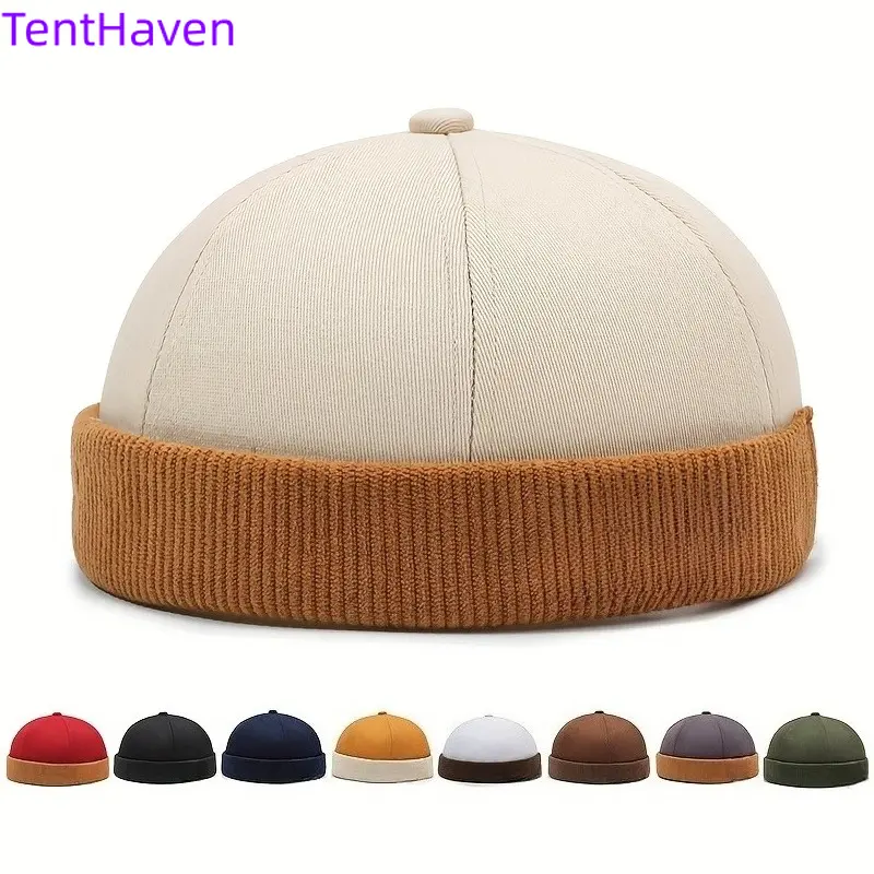 Unisex Retro Corduroy Docker Hat - Retro Cord Look, Trendy Spliced Design, Leather Label, Brimless Cotton Cap, Bold Street Style, Tang Hat Fit, Street Wear for Adult Sports & Outdoor Use
