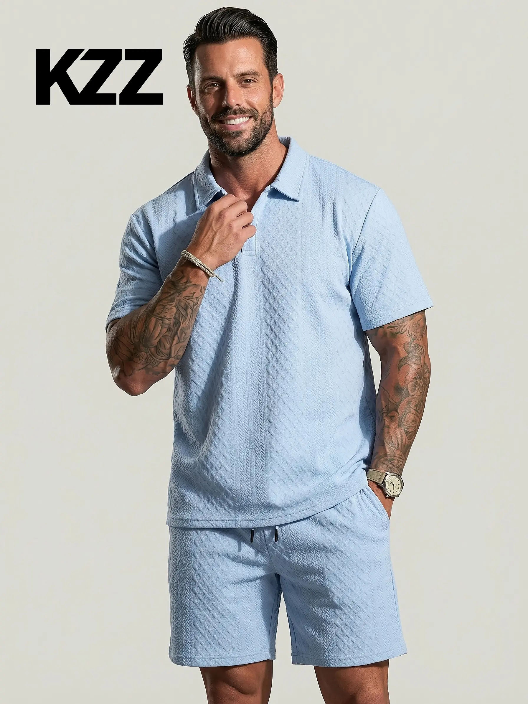 KZZ Men's Solid Polo Shirt & Drawstring Waist Shorts Set Cozy Breathable Two-piece Outfits for Daily Outdoor Wear Menswear Suits