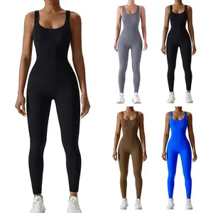 Womens Sleeveless Ribbed Jumpsuit Solid Color Square Neck Bodysuit Workout Exercise Running Yoga Catsuit