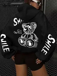 Gothic Smile Teddy Bear Oversized Hoodie, Women Casual Black Streetwear Sweatshirt with X-Eye Bear & All-Over Smile Slogan, Ideal for Dark Streetwear Enthusiasts & Gothic Style Admirers, Dark-Inspired Outings & Daily Edgy Looks, Animal