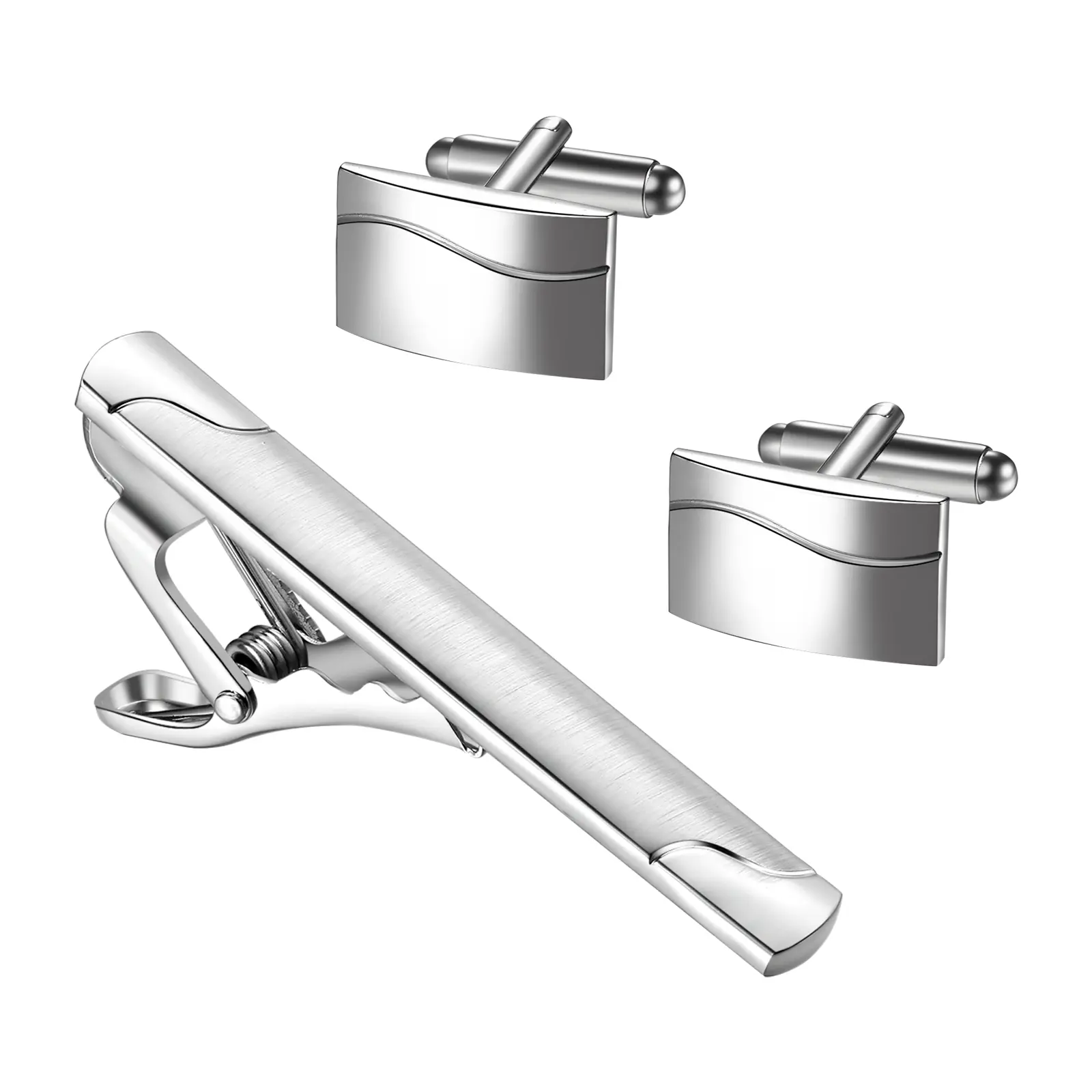 OIDEA Unisex Classic High-Polish Silver Brass Cufflinks & Classical Tie Clips & Pins Set - Rounded Edges, Business Dress Shirt Accessory, Elegant Groom Wedding Gift, Father's Day, Brothers, Boyfriends, Anniversary