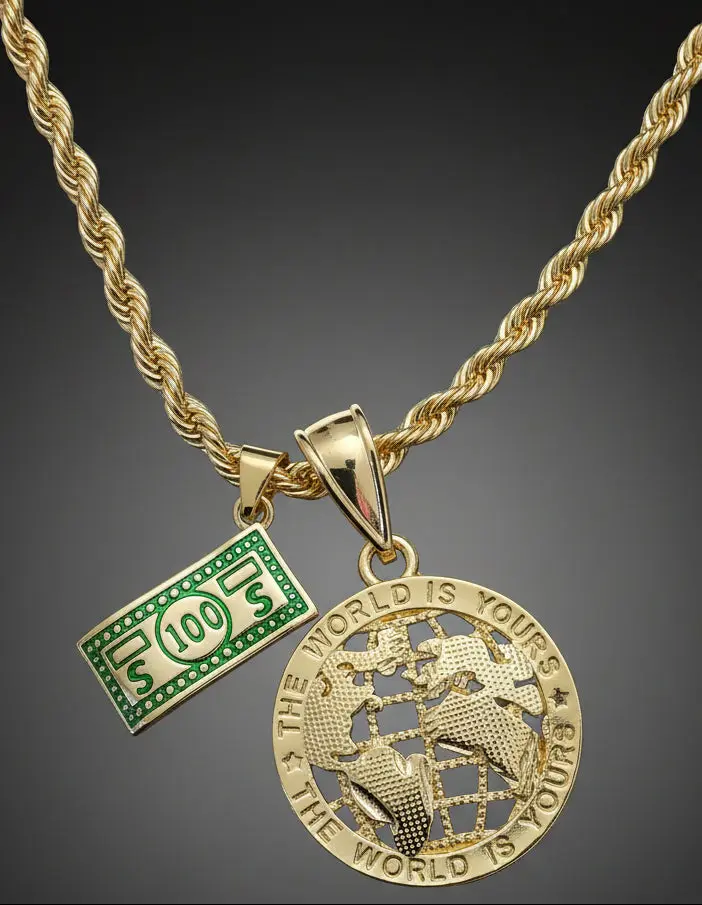 New Style Gold-Plated Dainty "World Is You" Round Pendant Fashion Necklace, 3mm Thin Rope Chain Link Necklace with Free Mini Money Charm Pendant, Available in 21in or 23in Circle Chains, Round Pendants