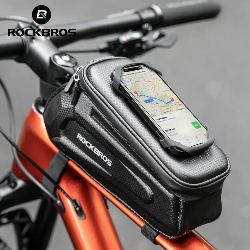 ROCKBROS Bicycle Top Tube Bag, Waterproof Hard Shell Case with 360° Rotatable Touch Screen Phone Mount, 1.5L Storage Bike Accessory, Bike Mount, Bike Accessories