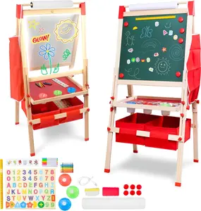 Light Up Easel for Kids 3-in-1 Magnetic Chalkboard LED Drawing Board with Adjustable Height and Paper Roll 86 Accessories Wooden Art Easel for Kids Ages 4-8 Years Old