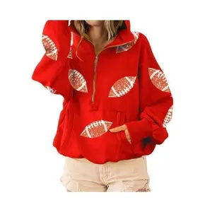 Women's Football Sequin Hoodie Half Zip Long Sleeve Rugby Patch Game Day Hooded Sweatshirt