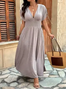 【Plus Size】 Solid Color Dress, Lady Casual V Neck Dress for Summer, Women's Plus Clothing for Daily Wear, Plus Size Dresses, Casual Fashion Dress, Casual Chic Dress, Womenswear