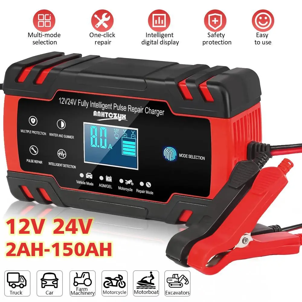 Battery Charger 8-Amp - 12V and 24V Automotive Trickle Charger for Car Battery, Fully-Automatic Temperature Compensation, Battery Maintainer for Car Truck Motorcycle Lawn Mower Boat Marine