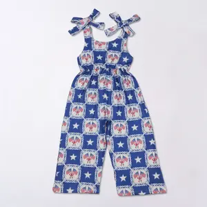 Girls' 4th of July Tie-Strap Casual Romper, Patriotic USA Flag & Star Print Jumpsuit for Toddlers, US Pride Nation Pride Independence Day Outfit