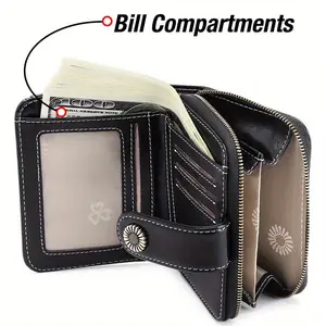 Black Genuine Leather Women's RFID Anti-Theft Wallet - Fashionable Bifold Card Holder with Detachable ID Window, Zipper Coin Pocket and Multiple Compartments, Adjustable Chain Design, Durable Travel Wallet, Ideal Gift for Her