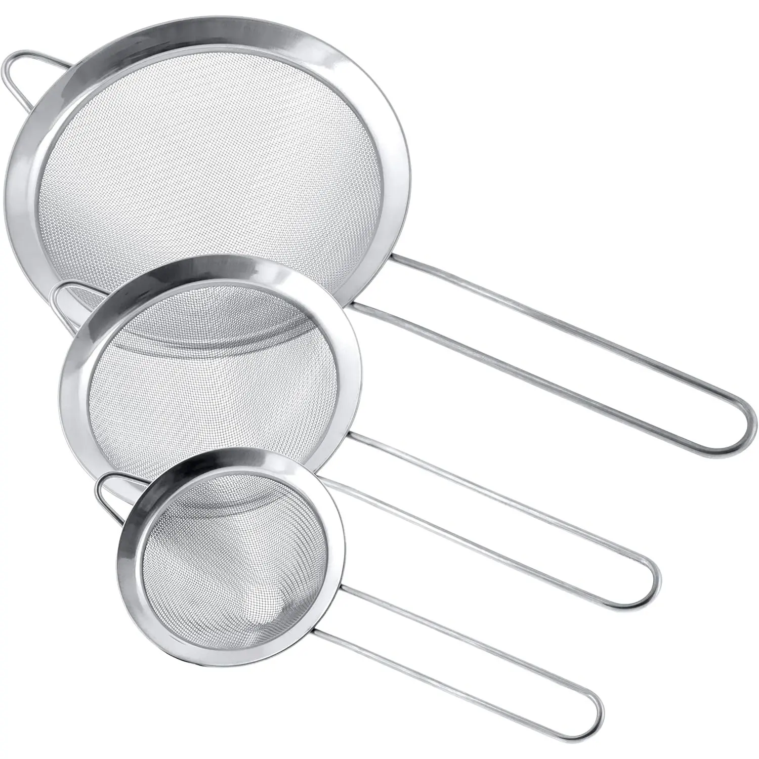 Thick Cone-Shaped Stainless Steel Sifter Strainer Set (3-Piece) - 3in/4in/5.5in Sizes, Premium Extra Fine Twill Mesh, Handles, Steel Drainer for Kitchen Vegetable Prep Fixtures