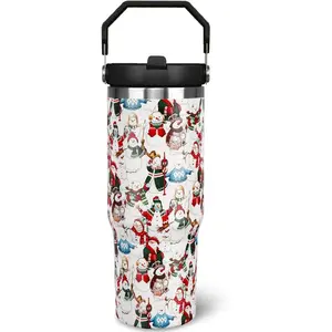30oz Christmas Snowman Insulated Stainless Steel Vacuum Tumbler Flask - Portable, Spill-Proof, Insulation-Enhanced Water Bottle with Handle, Flip Straw, Lid - Ideal for Coffee, Cocktails, Women’s Christmas Gifts