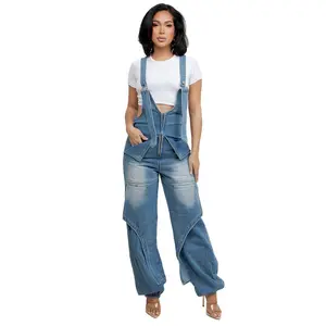 Women's Fashion Casual Modern Denim Overalls - Adjustable Hip Sweatpants with Zipper, Buckle and Button, Lady, Fashion Overalls