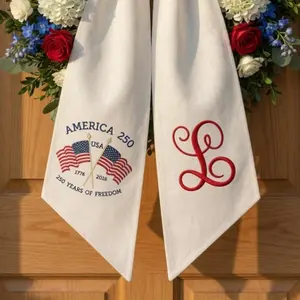 Embroidered Dog Wreath Sash, Custom Patriotic Americana Monogram Decor, 4th of July Decoration, 250th Anniversary Americana Home Gift