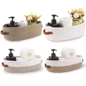 Handwoven Oval Storage Basket with Leather Handles, Desktop & Bathroom Organizer Bin, Home Decor Baskets in Various Colors