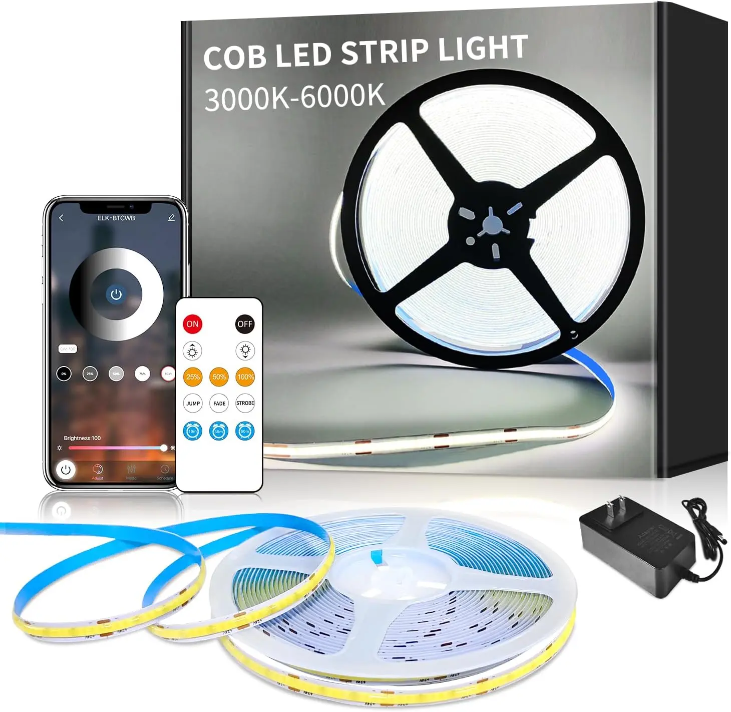 YEEWHALE High Brightness Cold White Flexible Color Changing Multi-LED Strip Lights - 6000K DC 24V Dimmable Tape Light with Remote & App Control for Bedroom, Closet Jump Modern Home Decor DIY