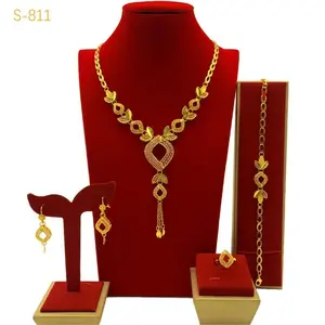 24K Gold-plated Dubai Bridal Jewelry Set Necklace Bracelet Earring Ring Middle Eastern Wedding Four-Piece Set
