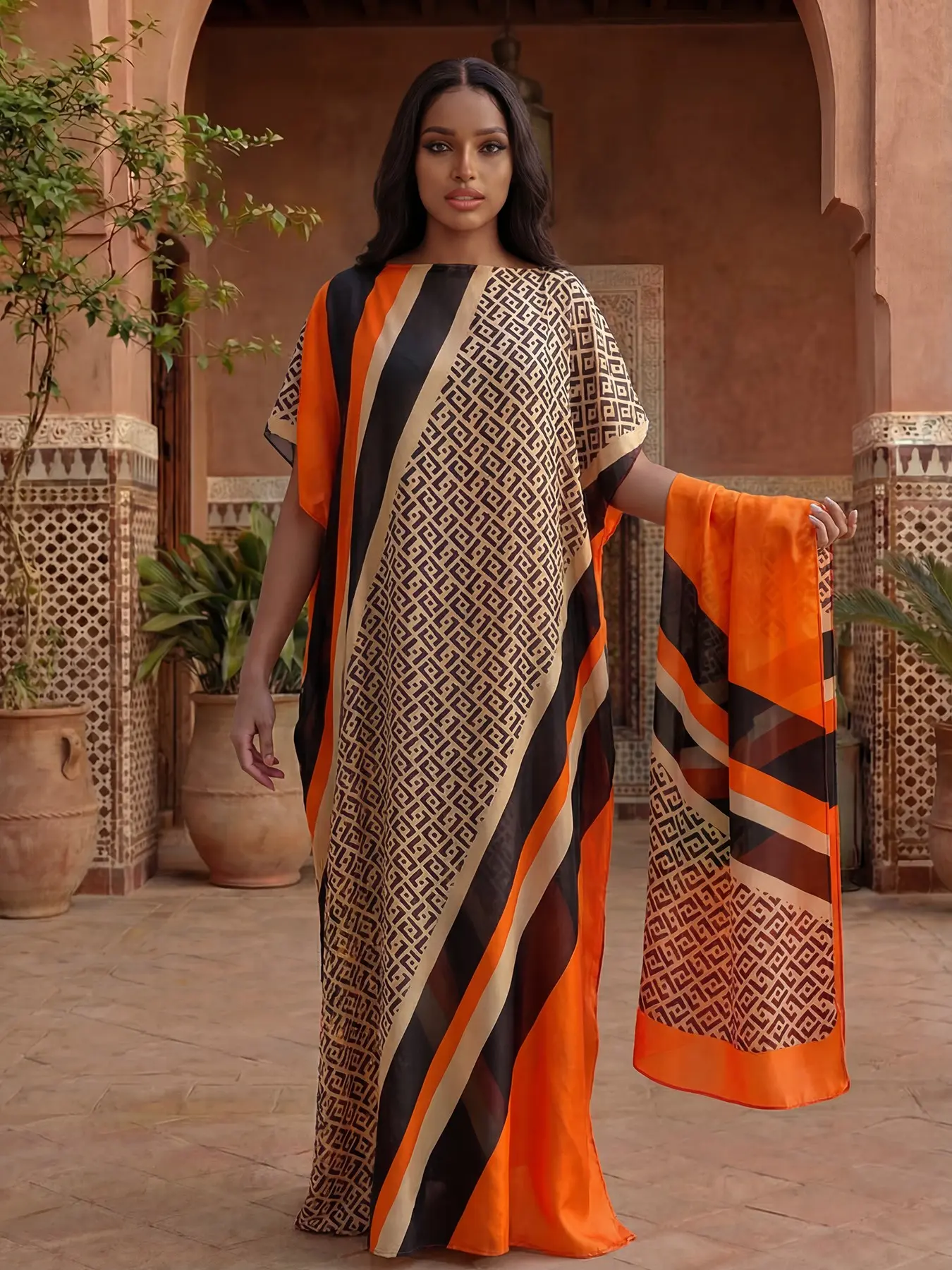 Women's Striped Pattern Elegant Long Dress Robe Set, Hooded Shawl + Long Silk Scarf, Beach Sun Protection Cover-Up Casual Cover Up Beachwear Cover Up Beach Coverups for All Seasons