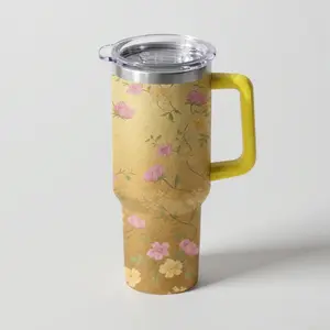 TAHOFLEX 30 oz Golden Bloom Insulated Tumbler, Luxury Gold Textured Travel Mug with Soft Pink Peony Floral Print, Comfort Grip Handle & Straw, High-End Aesthetic Water Bottle, 48H Iced