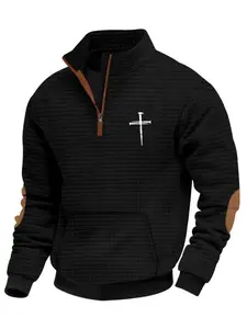 Men's spring and autumn checkered embroidery cross print jacquard sweatshirt, zipper opening suede velvet embroidery fashionable retro design, suitable for daily casual wear, essential item for men's wardrobes