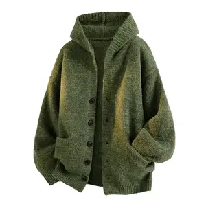 Men’s autumn–winter hooded V-neck cardigan sweater, retro casual laid-back style, solid color, loose fit, soft, comfortable, and multifunctional—wool knit GARMENTARY