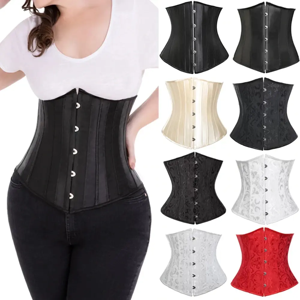 Women's Underbust Corset, Satin Jacquard Boned Lace-Up Top, Casual Waist Training Spandex Shapewear, Plus Size S-6XL, Compression, Plus Sizes, Lace-Up Waist, Women's Clothes