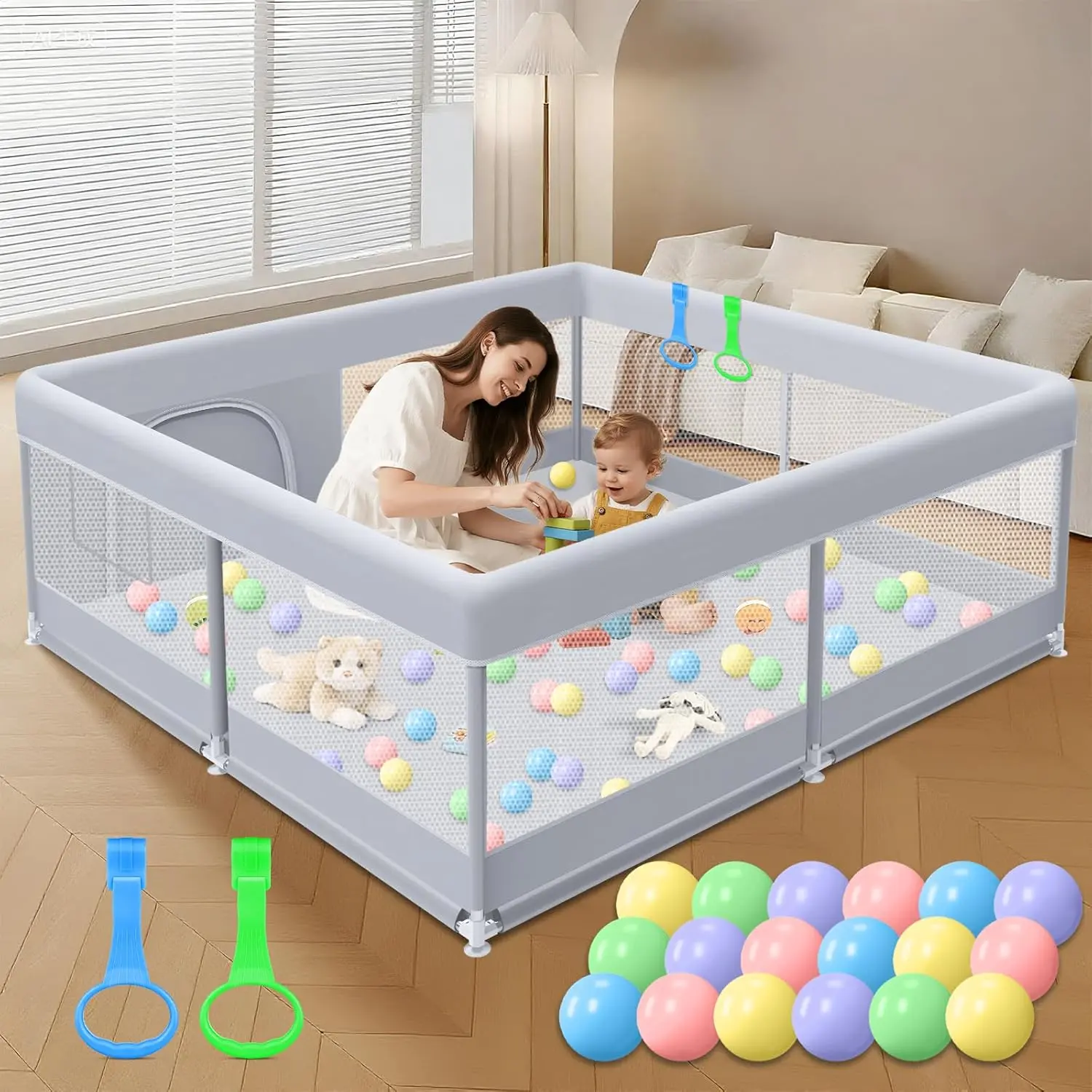 Large Square Baby Playpen, 50x50 Inch Portable Polyester Playard for Toddlers, Indoor Outdoor Safety Activity Center with Breathable Mesh Walls, Plastic, Abs Plastic Connectors, Zip Closure