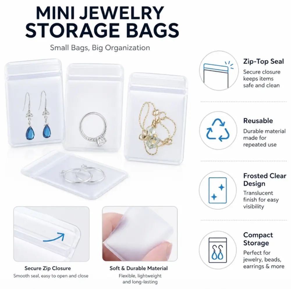 TIKA 100-Pack Clear PVC Jewelry Pouches with Zipper, 5 x 7 cm Storage Bags for Earrings and Small Accessories