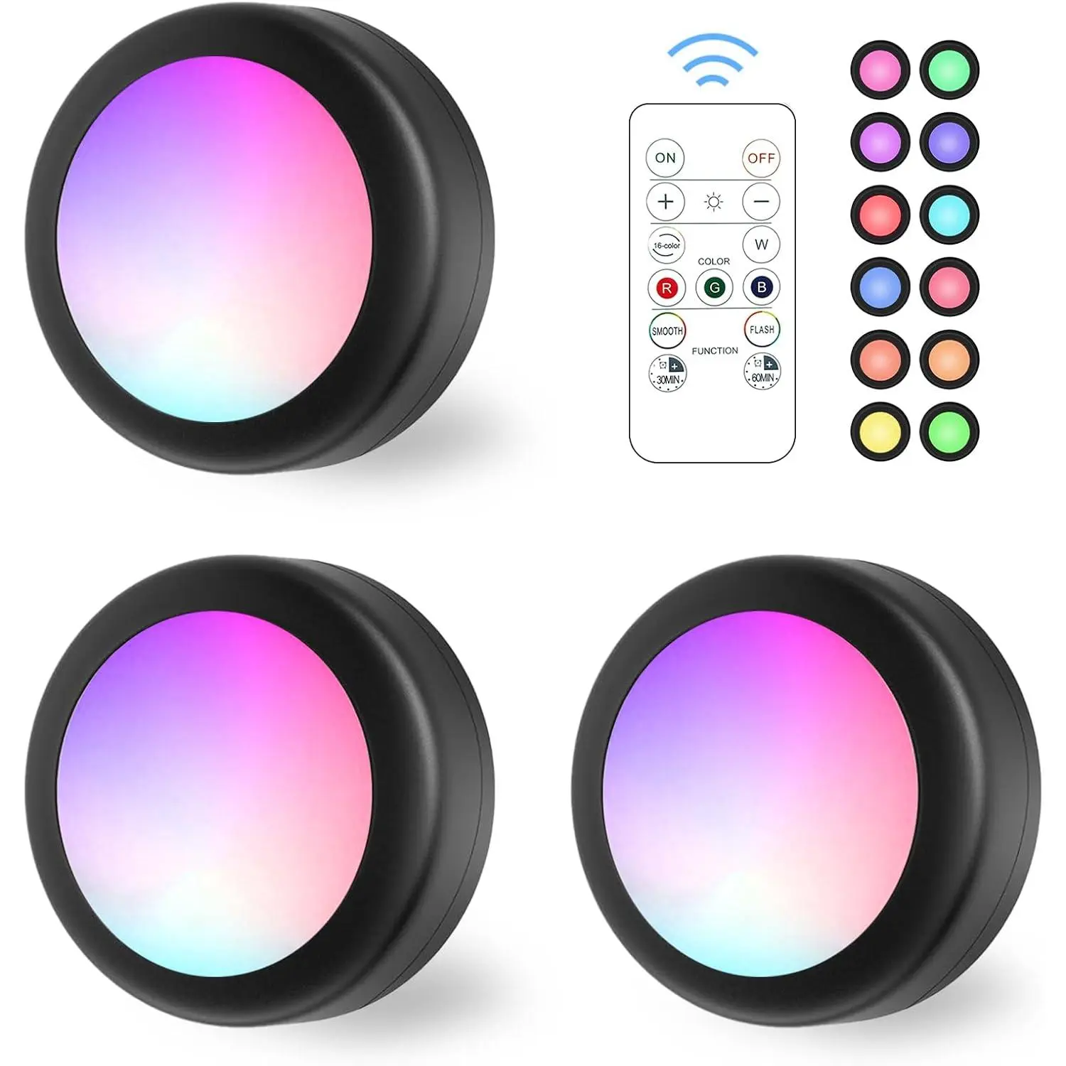 LED Puck Lights with Remote Control, 16 Color Changeable Under Cabinet Lights with Control & Timing,  Operated  Closet Lights for Closet, Bedroom,Kitchen,3 Pack - Black