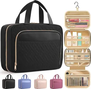 Travel Toiletry Bag for Women and Men, Waterproof Hanging Makeup Bag with Hook and Multiple Compartments, Cosmetic Organizer for Travel Essentials, Portable Toiletry Storage Bag 11.2 x 3.2 x 8.9 Inch for Bathroom Accessories