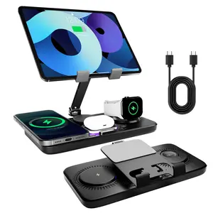 6-in-1 Wireless Charging Stand for Tablets & Phones: Foldable, Portable Desktop Charger with Digital Clock for iPhone, iPad, Samsung, Android - Adjustable Wireless Charging Station