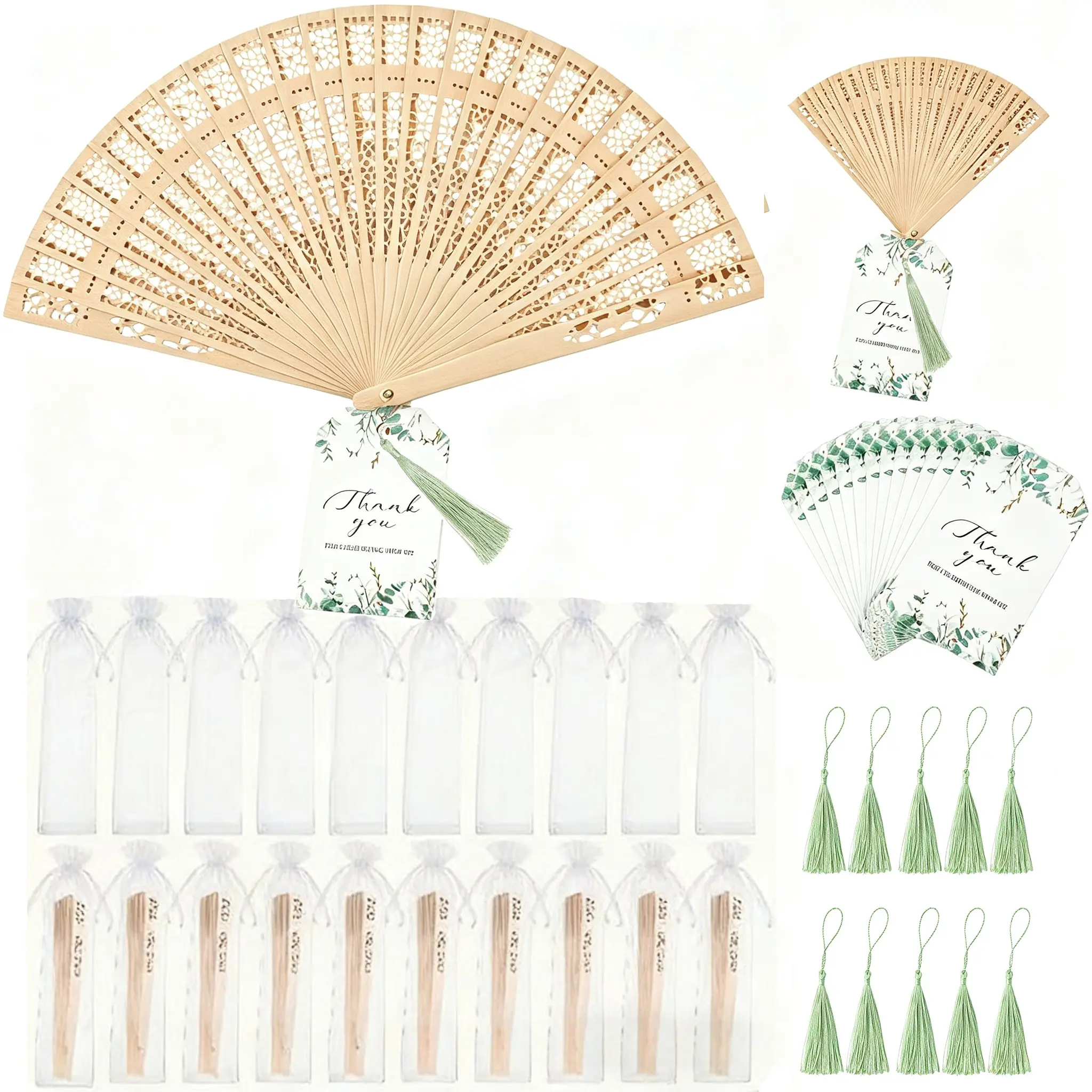 20 Sets Wooden Hand Fan Sandalwood Wood Handheld Folding Fans with Ribbon or tassel Thank You Tag for Wedding Guests Baby Shower Birthday Bridal Gifts Party Favors