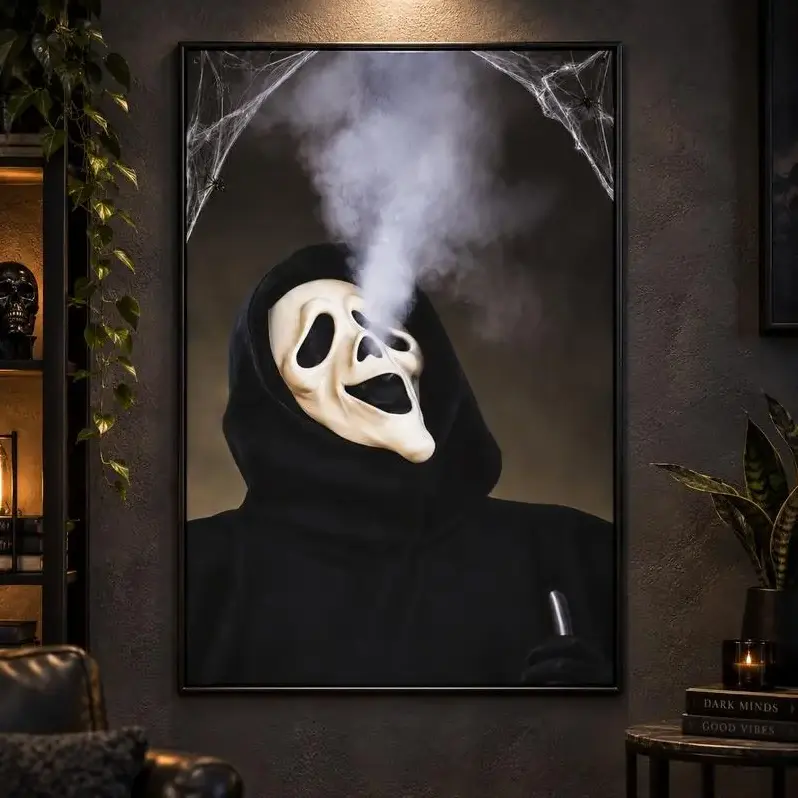 Ghostface Scream Horror Canvas Wall Art, Dark Moody Horror Artwork, Smoky Movie Inspired Print, Spooky Decor for Bedroom, Bar, Home Theater & Man Cave, Gift for Horror Movie Fans and Halloween Lovers