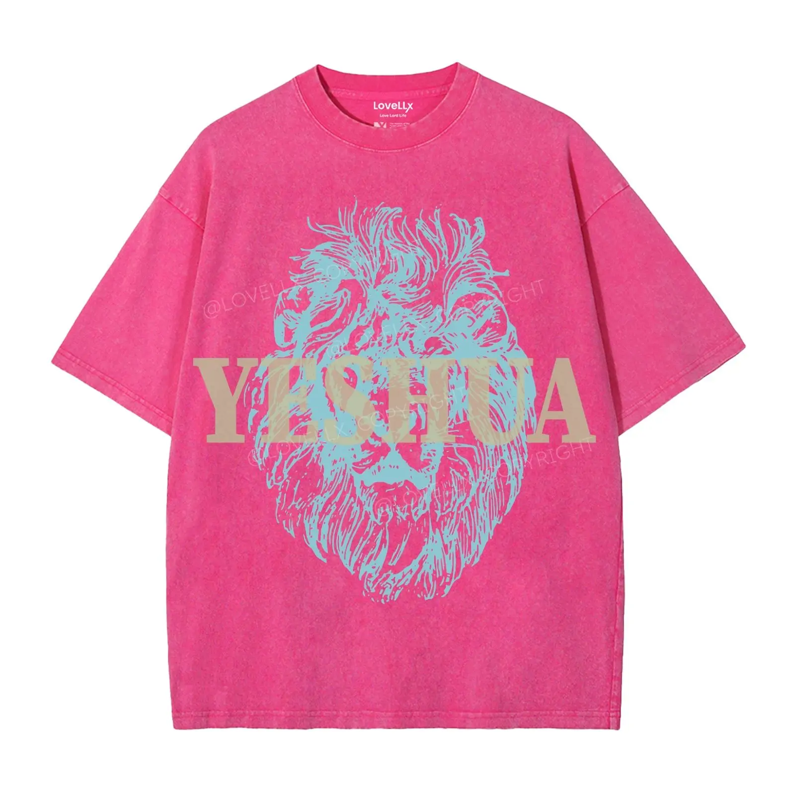 Women's Washed Crewneck Short-Sleeve Casual Tshirt - Lion & Yeshua Christian Faith-Inspired Unisex Top, Preppy Clothes