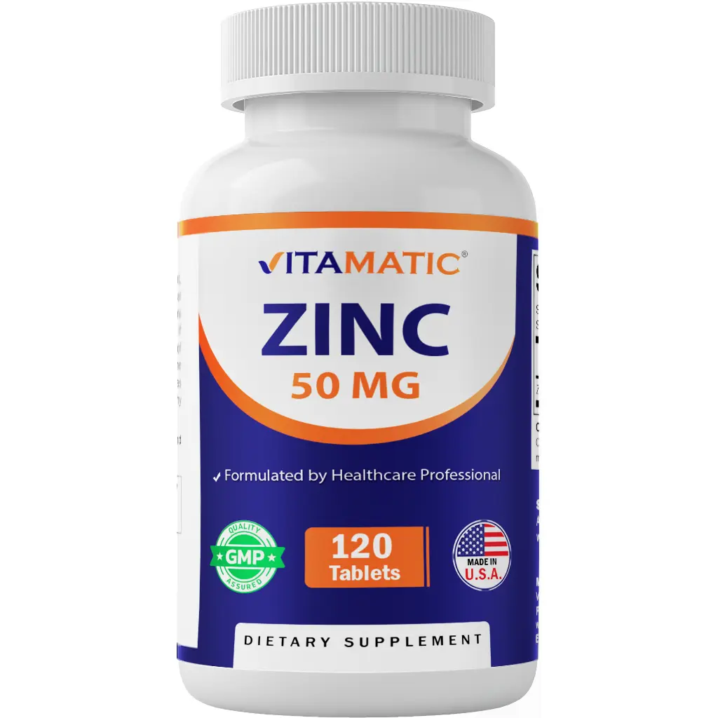 Vitamatic 50mg Zinc Gluconate Vitamin Tablets - Low Sodium, Doctor-Formulated Natural Supplements for Immune Support, Healthcare & Body Health (120 Edible Dietary Tablets)