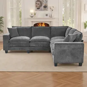 97" 5-Seater L-Shaped Corner Upholstered Couch, Oversized Chenille Fabric Cloud Sofa with 2 Hidden Storage Spaces, 2 Pillows, Armrests, Modular Sectional for Living Room (Dark), Chenille Fabric Couch