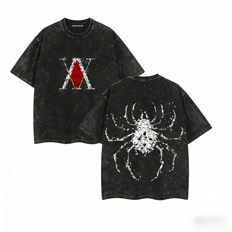 Women's Phantom Troupe HxH Anime Short-Sleeve Retro Round Neck Streetwear T-Shirt, Unisex Oversized Double-Sided Print Vintage Washed Heavy Cotton Style, Valentine's Day Holiday Gift, Shortsleeve, Top