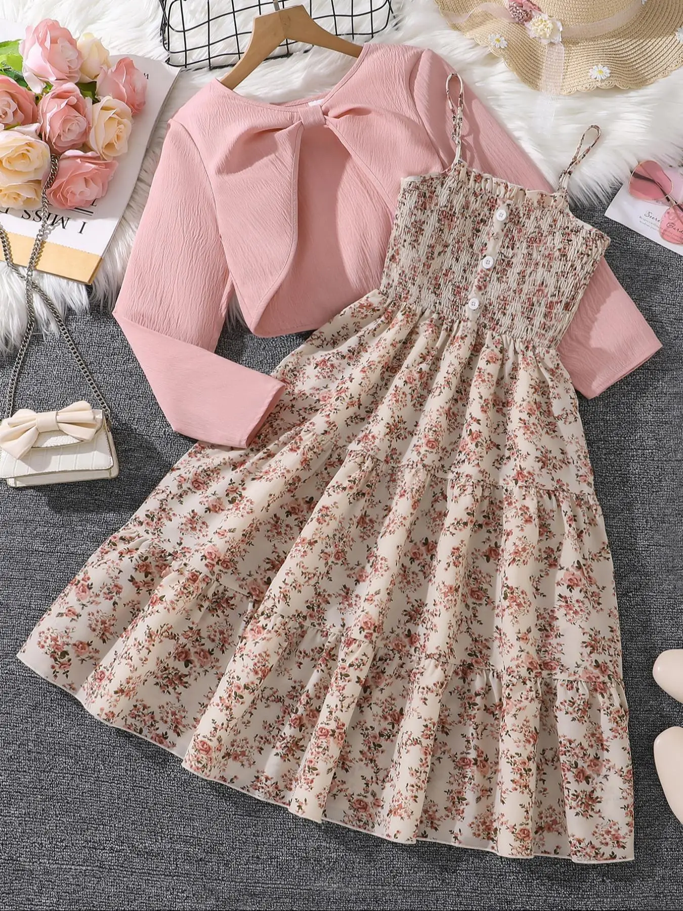 Two-Piece Set Girl's Ditsy Floral Print Fake Buttons Decor Frill Trim Shirred Dress & Asymmetrical Hem Crop Outerwear Set, Elegant Adjustable Strap Dr
