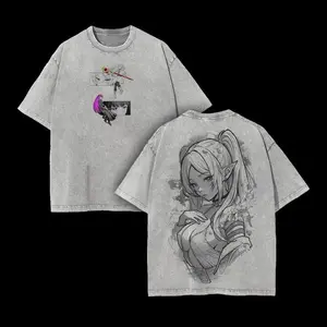 Frieren × Fern Frieren: Beyond Journey's End Oversized Vintage Washed Heavyweight Cotton Tee, Unisex Classic Stylish Seamless Apparel, Double-Printed Anime Manga Boyfriend T-Shirt