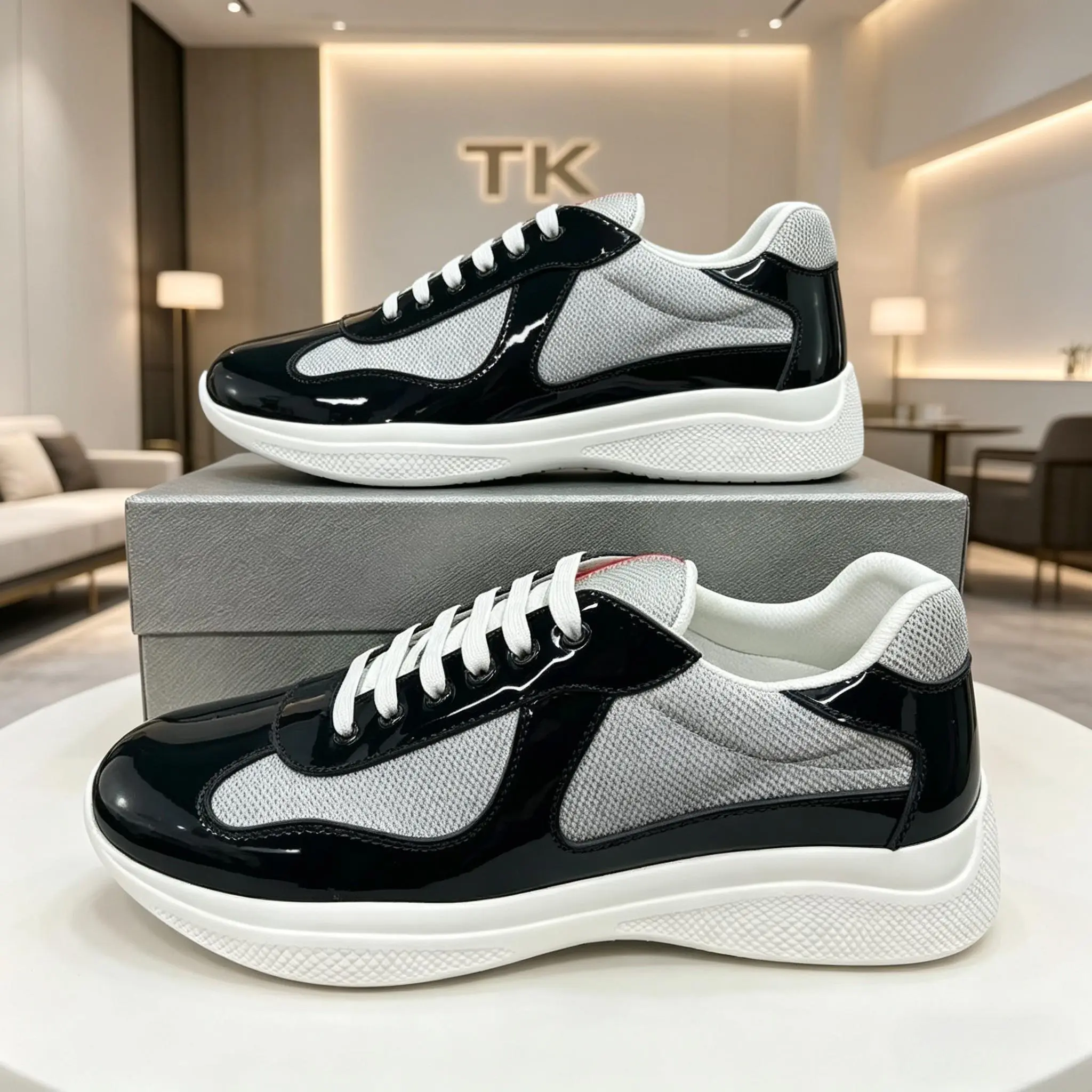 Men'S Black And Gray Patent Leather Mesh Sneakers, Casual Luxury Style Low-Top Sneakers, Breathable And Comfortable Running Shoes, Lightweight Thick-Soled Everyday Sneakers, Sporty Fashion Street Sneakers, Versatile Shoes For Office And Street Fashion