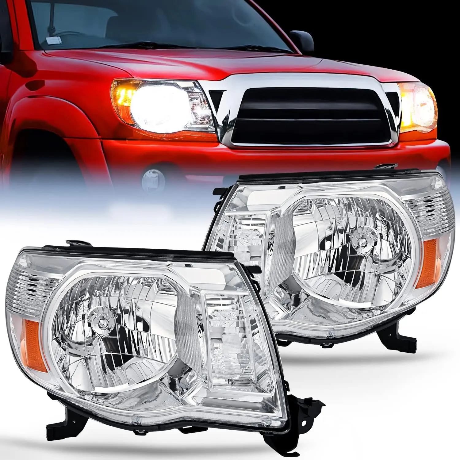 Nilight LED Front Lights Headlight Assemblies - Pair Set, Chrome Housing, Amber Reflector, Plug-in Fit, IP65 LED Bulbs, 2005-2011 Toyota Tacoma Truck Replacement Headlamps, Night Drive Car Exterior Upgrade Accessory, High/Low Beam