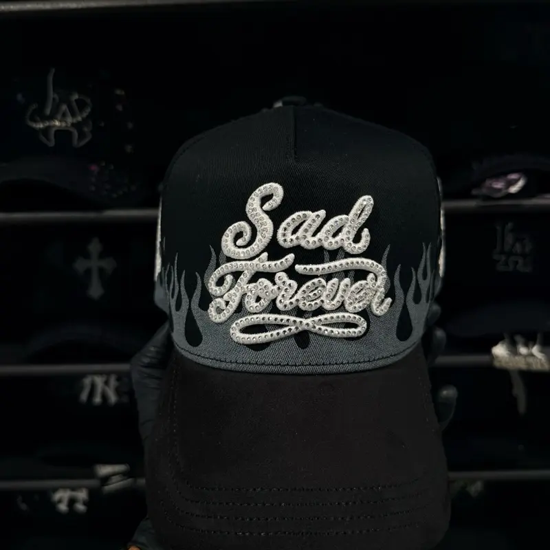 Unisex Black Snapback Cap with Sad Forever Embroidered Flame Design