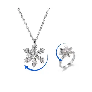 Snowflake Spinner Ring & Pendant Set, Sparkling Cubic Zirconia, Hypoallergenic, No Fading, Open Ring, 16-18'' Necklace, Perfect Holiday Gift,Winter Jewelry